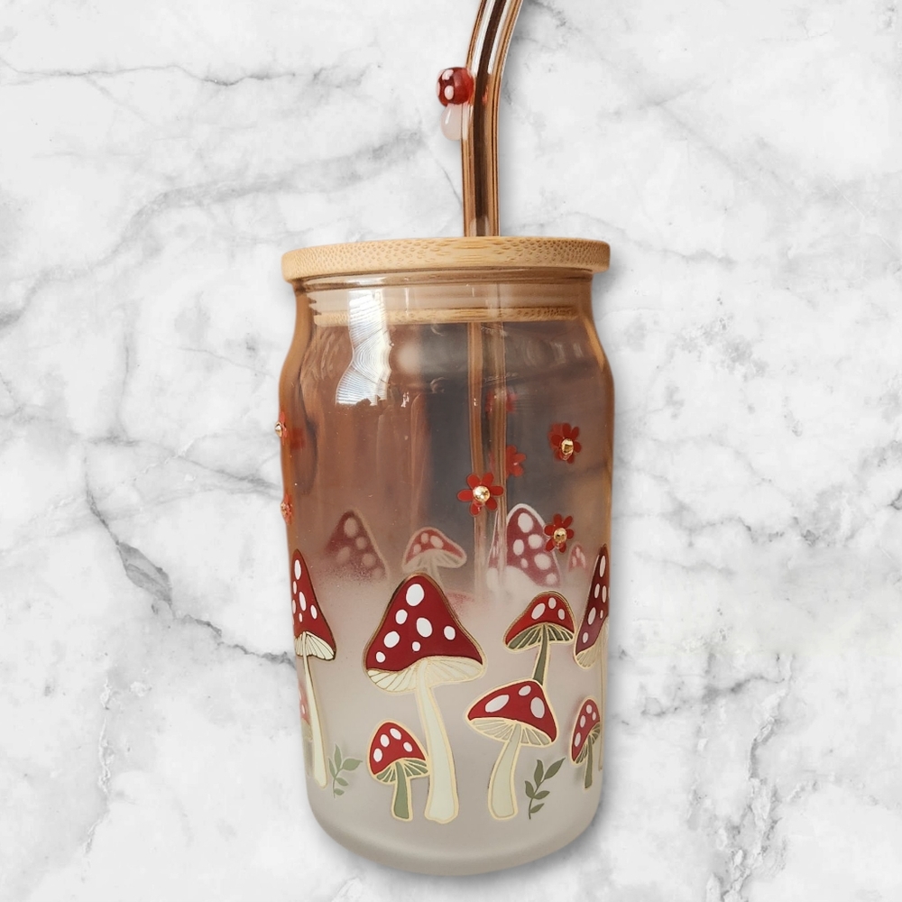 Seeds And Sunshine Mushroom Glass Tumbler with Glass Straw- Tinted On The Top